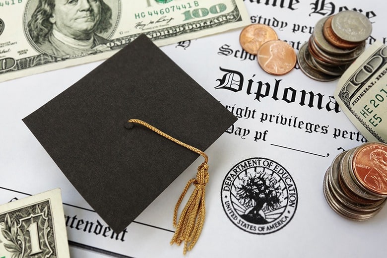 diploma with graduation cap and money